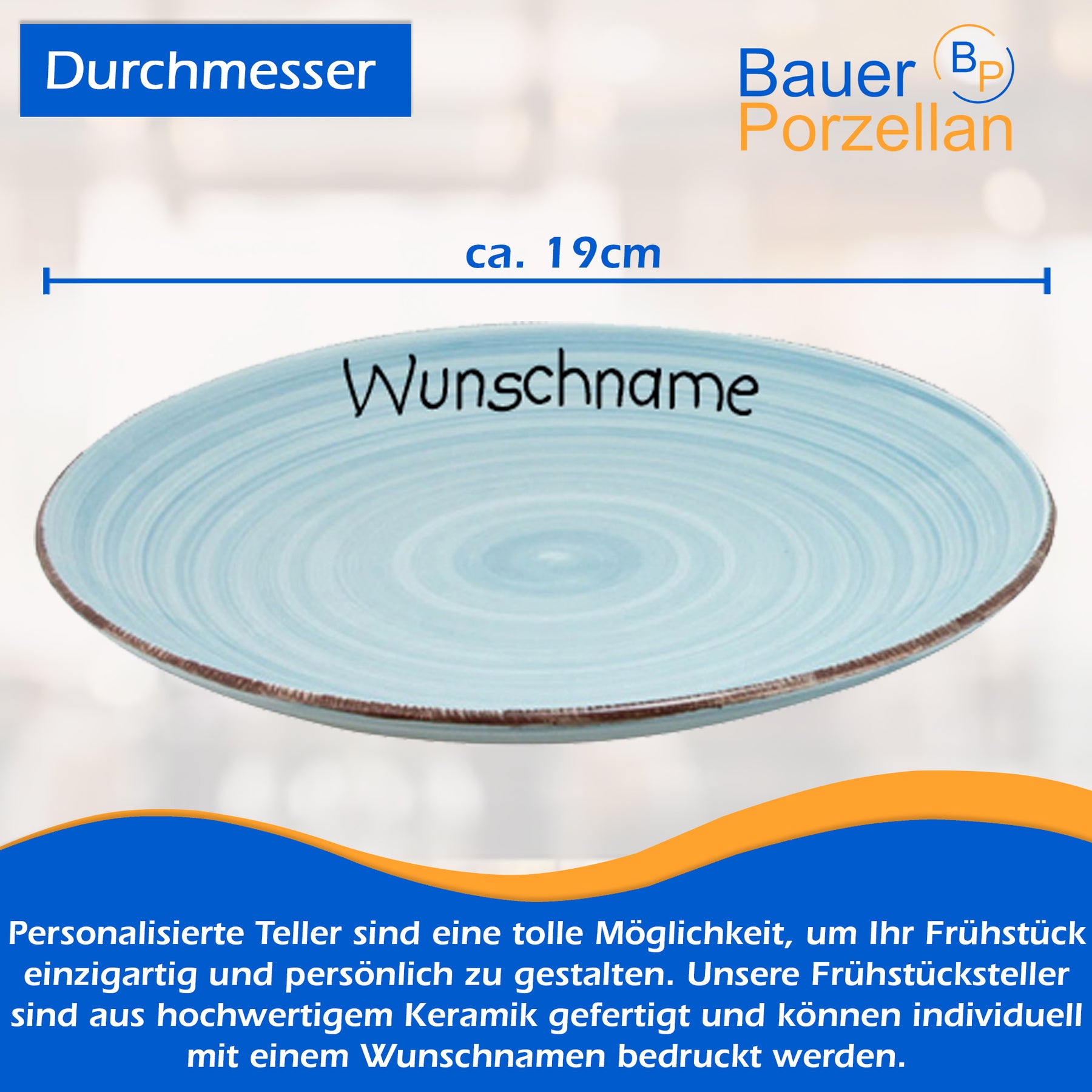 Frühstücksteller Teller flach 19cm Hellblau mit Wunschname