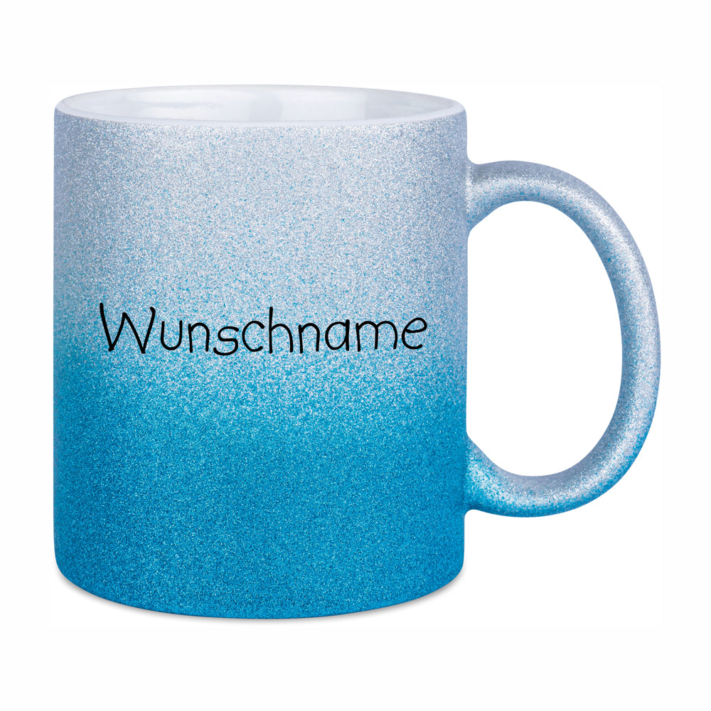 Glitzertasse Silber & Blau mit Wunschname