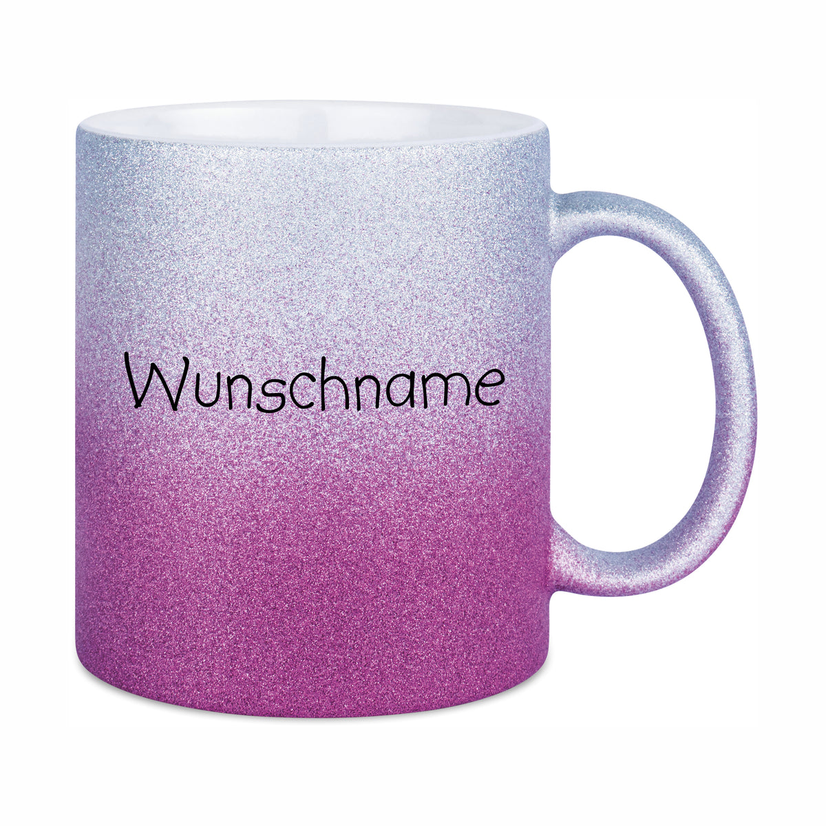 Glitzertasse Silber & Lila mit Wunschname